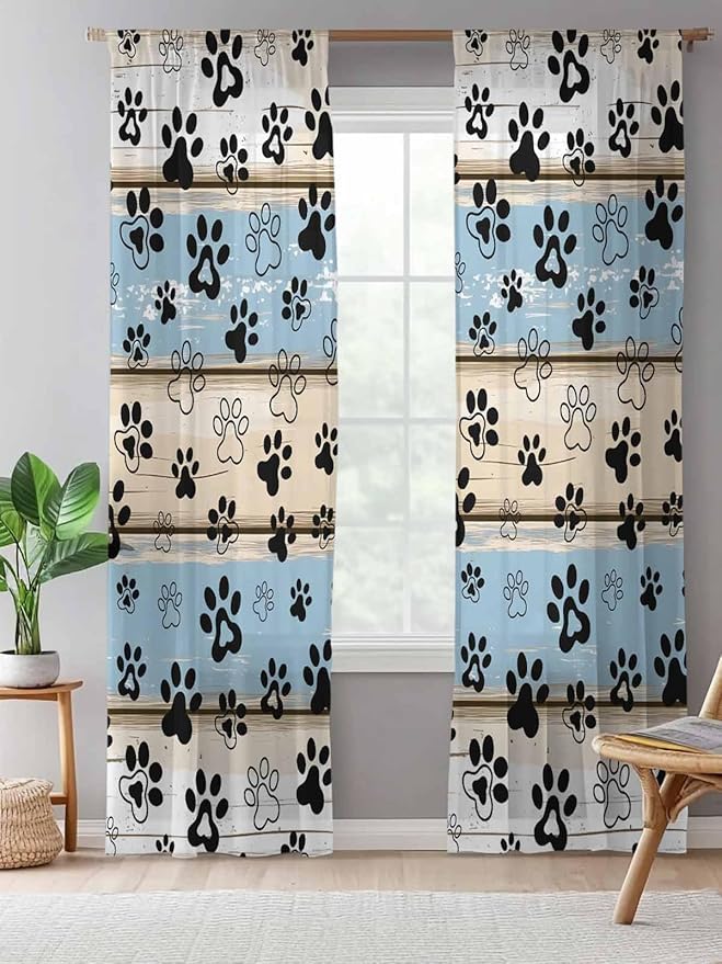 Sheer Curtains 84 Inches Long, Blue Beige Paw Print Semi Sheer Curtains Light Filtering Window Treatment, Vintage Farmhouse Rustic Wooden Grain Privacy Voile Drapes for Living Room Bedroom 52x84 Inch