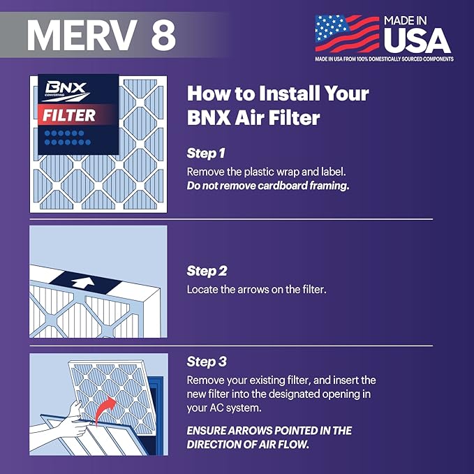 BNX TruFilter 16x25x1 Air Filter MERV 8 (12-Pack) - MADE IN USA – Dust & Pet Defense Electrostatic Pleated Air Conditioner HVAC AC Furnace Filters for Dust, Pet, Mold, Pollen MPR 600 – 700 & FPR 5