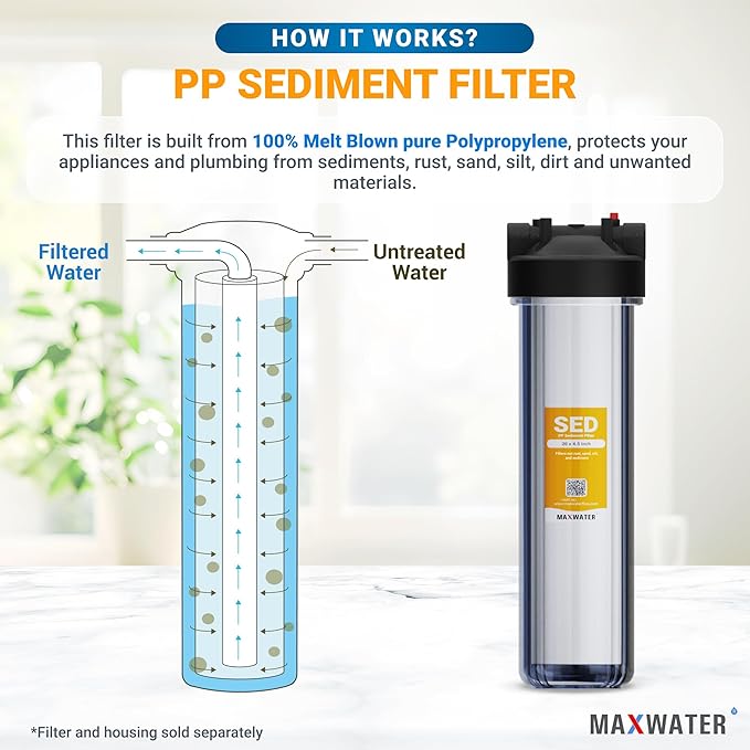 Max Water 5 Micron 20 x 4.5 Sediment Filter 20 inch Whole House BB Water Filteration System Replacement Compatible Cartridge DGD-5005-20, FP25B, AP810-6, FPMB5-20, P5-20, 155358-43, SDC-45-2005