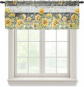 Summer Floral Sheer Valance Curtains, Watercolor Sunflower Eucalyptus Leaves Black Wood Grain Light Filtering Kitchen Valances Rod Pocket Voile Curtain for Bedroom/Living Room/Basement 42Wx12L