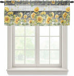 Summer Floral Sheer Valance Curtains, Watercolor Sunflower Eucalyptus Leaves Black Wood Grain Light Filtering Kitchen Valances Rod Pocket Voile Curtain for Bedroom/Living Room/Basement 42Wx12L