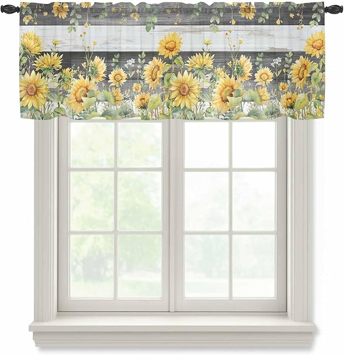 Summer Floral Sheer Valance Curtains, Watercolor Sunflower Eucalyptus Leaves Black Wood Grain Light Filtering Kitchen Valances Rod Pocket Voile Curtain for Bedroom/Living Room/Basement 42Wx18L
