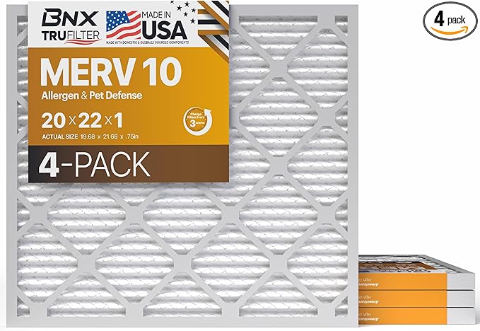 BNX TruFilter 20x22x1 MERV 10 (4-Pack) AC Furnace Air Filter - MADE IN USA - Pleated Air Conditioner HVAC AC Furnace Filters - Removes Odor, Mold, Bacteria, Smoke