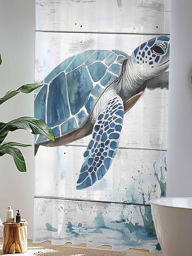 Sheer Curtains 96 Inches Long, Teal Green Sea Turtle Semi Sheer Curtains Light Filtering Window Treatment, Summer Ocean Vintage Wood Grain Privacy Voile Drapes for Living Room Bedroom 52x96 Inch