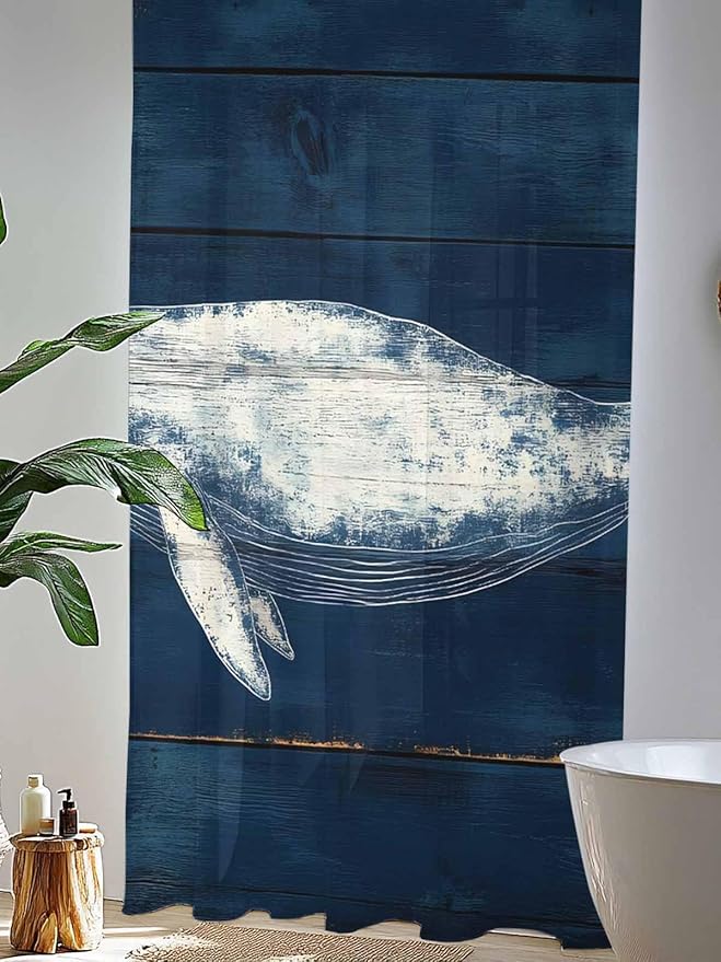 Sheer Curtains 108 Inches Long, Summer Whale Semi Sheer Curtains Light Filtering Window Treatment, Ocean Watercolor Wooden Grain Blue Privacy Voile Drapes for Living Room Bedroom 52x108 Inch