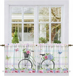 Spring Tier Curtains, Bicycles Botanical Leaves Rose Colorful Stripes Light Filtering Kitchen Curtains, 2Pcs Rod Pocket Half Window Treatments Panels for Sink Cafe Cabinet Camper 27.5x24 Inches