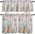 Kitchen Curtains Tiers and Valance Set of 3, Easter Light Filtering Window Curtain Set, Spring Rabbit Butterfly Botanical Florals Grey Plaid Rod Pocket Curtain Drapes for Living Room, 36 Inches Tiers