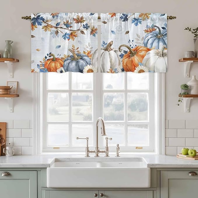 Fall Blue Maple Kitchen Tier Curtains 24 Inch Long 2 Panel Set,Rod Pocket Cafe Small Window Curtains Over Sink,Thanksgiving Pumpkins Daisy Country Leaves Short Drapes for Bathroom 27.5"W x 24"L