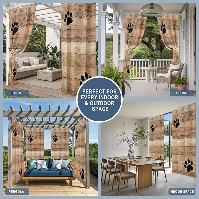 Wood Grain Outdoor Curtains for Patio Claws Animals Wooden Brown Waterproof Outside Curtains with Grommet Top Weatherproof Curtain for Cabana Pergola Gazebo, 2 Pack, 54" W x 108" L