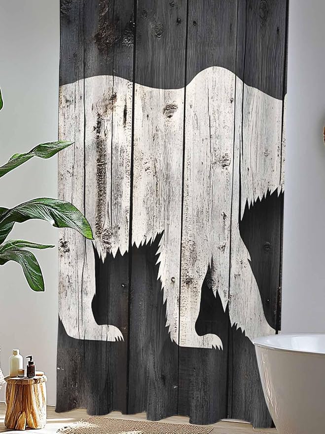 Sheer Curtains 84 Inches Long, White Brown Bear Semi Sheer Curtains Light Filtering Window Treatment, Farmhouse Country Rustic Wooden Grain Privacy Voile Drapes for Living Room Bedroom 52x84 Inch