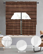Brown Wooden Board Swag Kitchen Curtains Valance and Tier Set, Vintage Wood Grain Farmhouse Barn Themes Light-Filtering Swag Valance 36 Inch Length, Rod Pocket Short Curtain for Bedroom Cafe