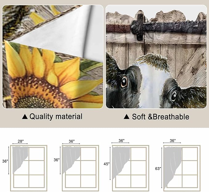 Retro Farmhouse Flower Swag Valances for Windows, Yellow Sunflowers Cow Barn Doors Brown Rod Pocket Kitchen Curtains Valance, Small Window Curtains Swag for Cafe Living Room, 2 Panels, 28x36 inch