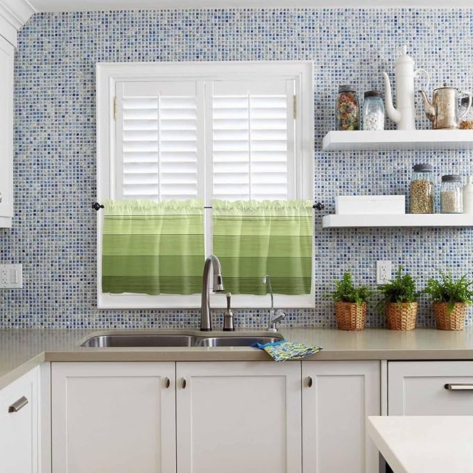 Gradient Green Wooden Board Window Valance Curtains, Retro Country Wood Grain Light Filtering Kitchen Valance with 3-inch Rod Pocket for Living Room Bathroom Bedroom,2 Panel,27.5x36In
