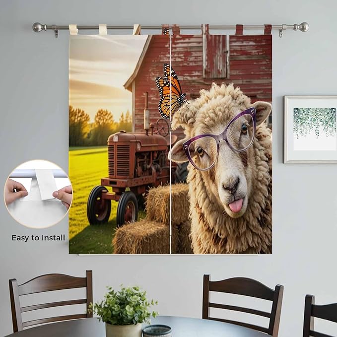 Farm Sheep Living Room Curtains 84 Inch Length, Window Curtains Tab Top, Farmhouse Barn Funny Animals Butterfly Light Filtering Window Treatments Drapes 42"x84" 2 Panel