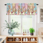 Easter Kitchen Curtains Set 3 Piece for Windows, Rod Pocket Valance and Tier Set 36 Inch Length, Spring Bunny Eggs Botanical Floral Wooden Grain Light Filtering Cafe Curtains for Living Room Bathroom