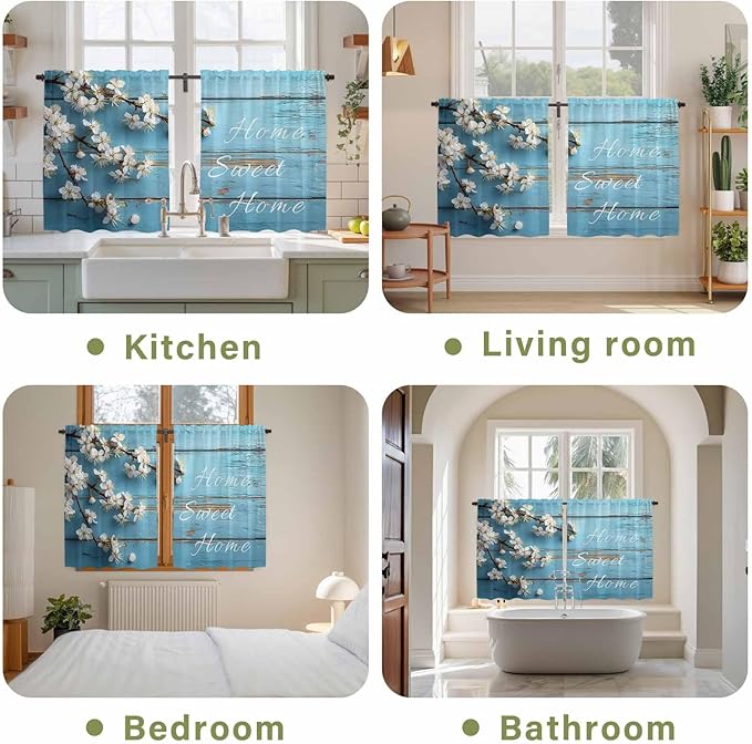 Farmhouse Wooden Grain Kitchen Curtains, Vintage Shabby Chic Flower Blue Light Filtering Window Curtain Panels, 2Pcs Rod Pocket Window Treatments Set for Study Room Bathroom Bedroom 52x54 Inches