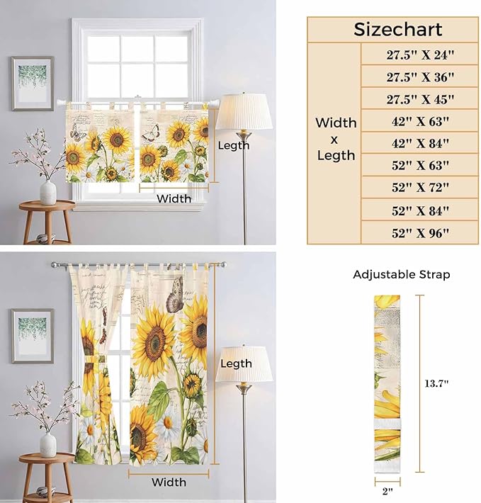 Yellow Sunflowers Bedroom Curtains 63 Inch Length, Window Curtains Tab Top, Country Farm Butterfly Flower Light Beige Light Filtering Window Treatments Drapes 42"x63" 2 Panel