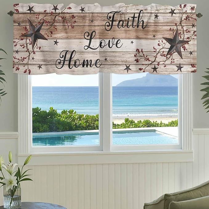 Rustic Star Brown Curtain Valances for Windows, Kitchen Valance Window Treatment, Vintage Plants Berry Wooden Grain Light Filtering Block Curtains for Bathroom/Bedroom/Living Room 42'' x 18''
