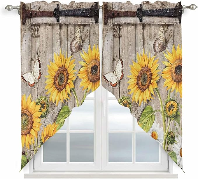 Farmhouse Sunflowers Swag Valances for Windows, Rustic Barn Doors Flowers Butterfly Wooden Rod Pocket Kitchen Curtains Valance, Kitchen Window Curtains Swag for Cafe Living Room, 2 Panels, 36x63 inch