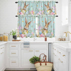 Kitchen Curtains Tiers and Valance Set of 3, Easter Light Filtering Window Curtain Set, Spring Rabbit Eggs Flowers Leaf Green Wooden Plank Rod Pocket Curtain Drapes for Living Room, 36 Inches Tiers