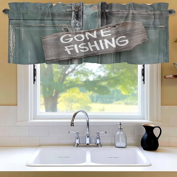 Gone Fishing Valances for Windows, Bronze Wood Grain Kitchen Valance Light Filtering Rod Pocket Short Curtains for Kitchen Bathroom, 1 Panel, 54"x18"