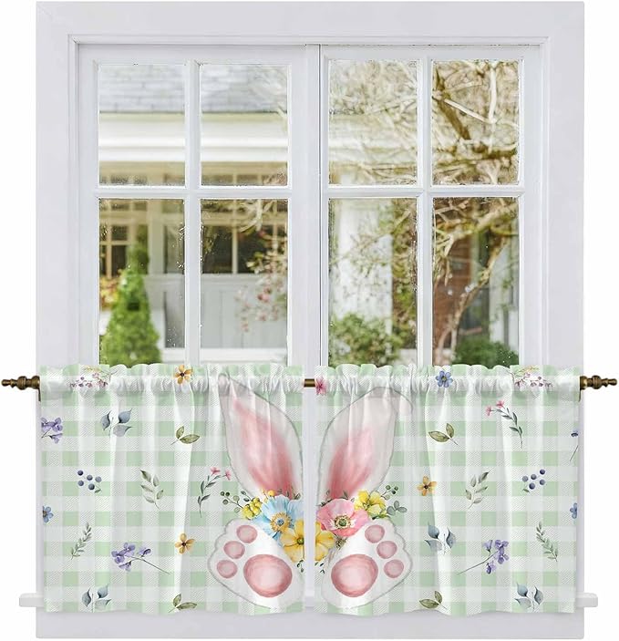 Easter Kitchen Tier Curtains 24 Inch Long 2 Panel Set,Rod Pocket Cafe Small Window Curtains Over Sink,Spring Bunny Ears Feet Flowers Green Plaid Light Filtering Short Drapes for Bathroom 27.5"W x 24"L