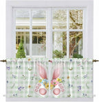 Easter Kitchen Tier Curtains 24 Inch Long 2 Panel Set,Rod Pocket Cafe Small Window Curtains Over Sink,Spring Bunny Ears Feet Flowers Green Plaid Light Filtering Short Drapes for Bathroom 27.5"W x 24"L