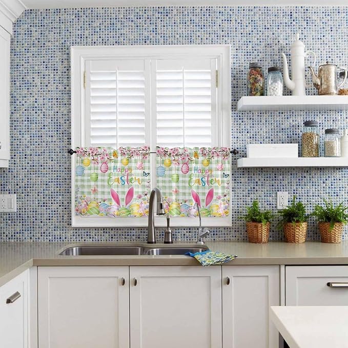 Happy Easter Half Window Curtain 36 Inches Long, Spring Bunny Eggs Flower Sage Green Plaid Window Treatment Curtain Drapes, Small Tier Curtains for Bathroom Over Sink, 27.5"x36", 2 Panels