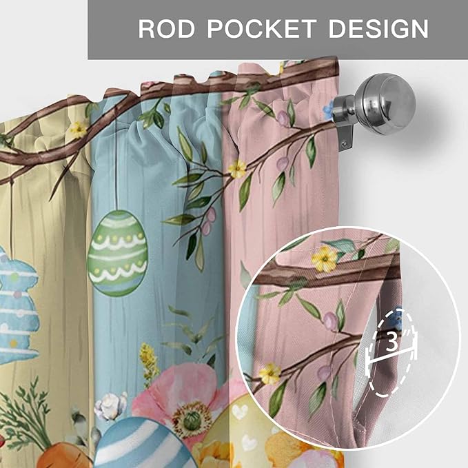 Easter Curtain Valances for Windows, Kitchen Valance Window Treatment, Spring Colorful Bunny Eggs Flower Wood Grain Light Filtering Block Curtains for Bathroom/Bedroom/Living Room 60'' x 18''