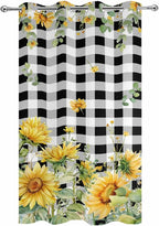 Sunflowers Outdoor Curtains for Patio Summer Floral Eucalyptus Leaf Buffalo Check Waterproof Outside Curtains with Grommet Top Weatherproof Curtain for Cabana Pergola Gazebo, 1 Panel, 54" W x 84" L