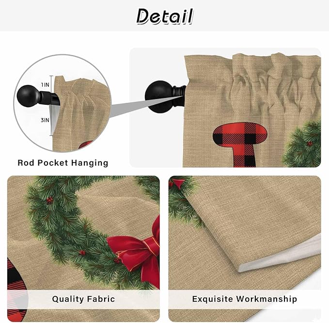 Red Green Christmas Kitchen Curtains 54 Inch Long 2 Panel Set, Rod Pocket Window Curtains Panels, Xmas Botanical Winter Farmhouse Light Filtering Privacy Draperies for Bedroom Laundry 42"W x 54"L