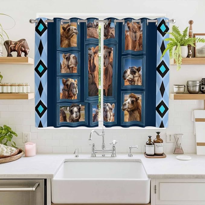 2 Panel Kitchen Cafe Curtains, Desert Camels Sunlight Filtering Nature Air Through, Home Decor Window Covering Tier Curtains for Living Room 104W x 72L inch Wildlife Brown Animals Blue Geometric