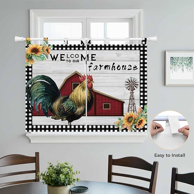 Farmhouse Rooster Kitchen Curtains 45 Inch Length, Short Cafe Window Curtains Tab Top, Rustic Red Barn Windmill Sunflowers Light Filtering Window Treatments Tier Drapes 27.5"x45" 2 Panel