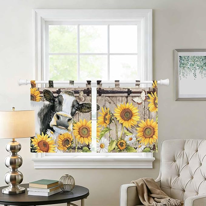 Retro Farmhouse Flower Kitchen Curtains 36 Inch Length, Small Window Curtains Tab Top, Yellow Sunflowers Cow Barn Doors Brown Light Filtering Short Window Treatments Tier Drapes 27.5"x36" 2 Panel
