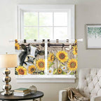 Retro Farmhouse Flower Kitchen Curtains 36 Inch Length, Small Window Curtains Tab Top, Yellow Sunflowers Cow Barn Doors Brown Light Filtering Short Window Treatments Tier Drapes 27.5"x36" 2 Panel
