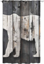 Sheer Curtains 108 Inches Long, White Brown Bear Semi Sheer Curtains Light Filtering Window Treatment, Farmhouse Country Vintage Wood Grain Privacy Voile Drapes for Living Room Bedroom 52x108 Inch