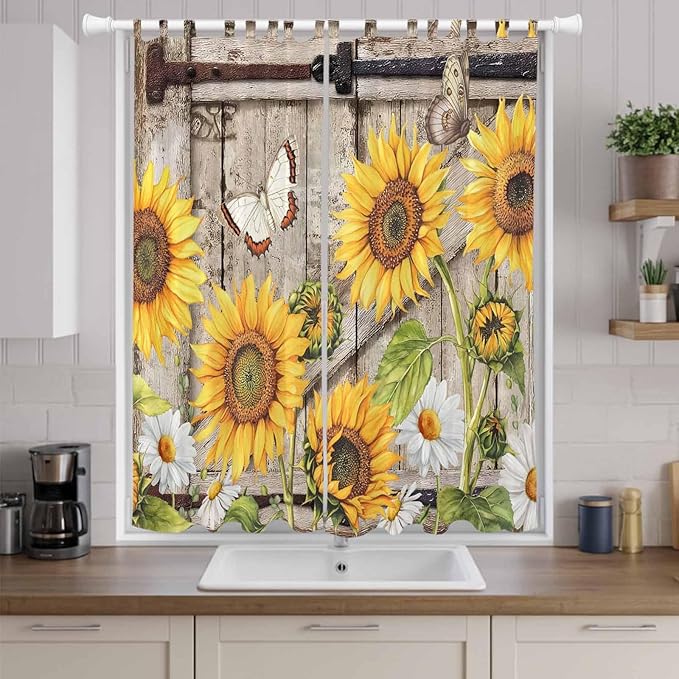 Farmhouse Sunflowers Living Room Curtains 84 Inch Length, Window Curtains Tab Top, Rustic Barn Doors Flowers Butterfly Wooden Light Filtering Window Treatments Drapes 52"x84" 2 Panel