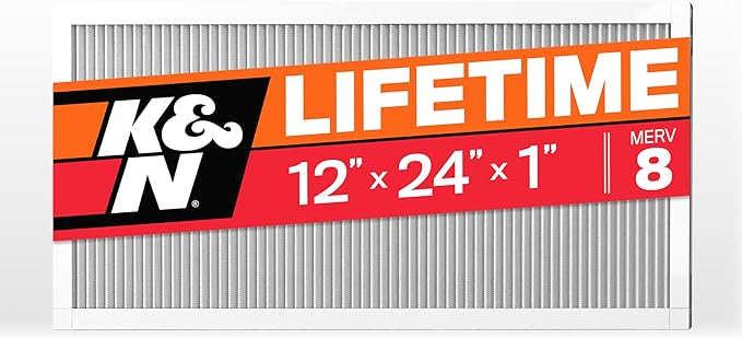 K&N 12X24X1 HVAC Furnace Air Filter, Lasts a Lifetime, Washable, Merv 8, the Last HVAC Filter You Will Ever Buy, Breathe Safely at Home or in the Office, HVC-8-11224