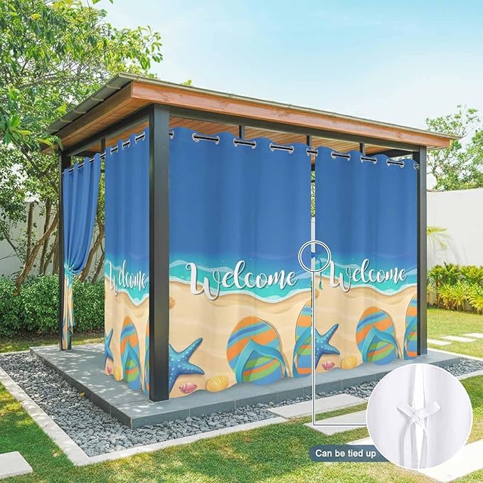 Summer Outdoor Curtains for Patio Beach Slippers Plumeria Waterproof Outside Curtains with Grommet Top Weatherproof Curtain for Cabana Pergola Gazebo, 1 Panel, 54" W x 108" L