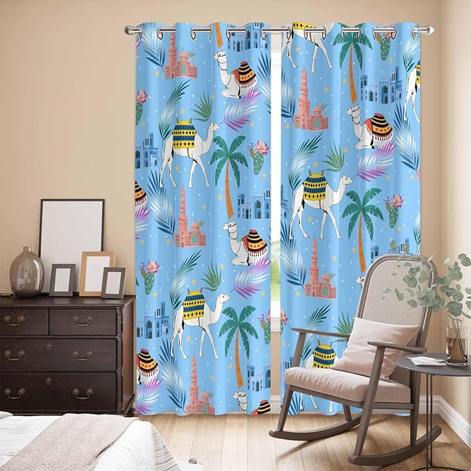 2 Panel Kitchen Cafe Curtains, Desert Landscape Sunlight Filtering Nature Air Through, Window Decor Tier Curtains for Living Room 104W x 96L inch Cute Camels Palm Trees Houses Leaves Blue