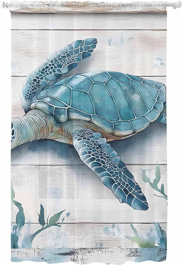 Sheer Curtains 84 Inches Long, Teal Green Sea Turtle Semi Sheer Curtains Light Filtering Window Treatment, Summer Ocean Seaweed Wood Grain Privacy Voile Drapes for Living Room Bedroom 52x84 Inch