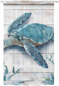 Sheer Curtains 84 Inches Long, Teal Green Sea Turtle Semi Sheer Curtains Light Filtering Window Treatment, Summer Ocean Seaweed Wood Grain Privacy Voile Drapes for Living Room Bedroom 52x84 Inch