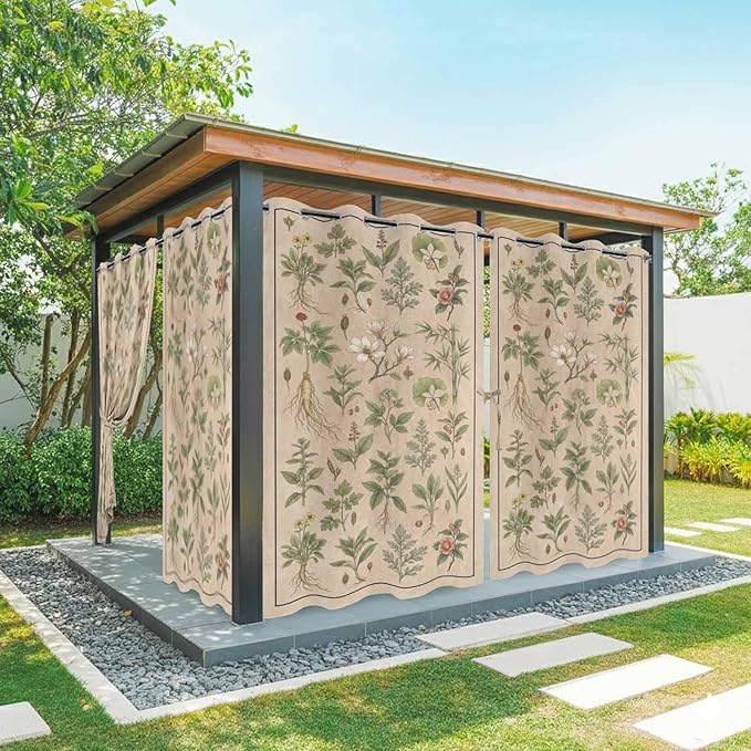 Vintage Outdoor Curtains for Patio Grass Herbal Botanical Garden Plants Waterproof Outside Curtains with Grommet Top Weatherproof Curtain for Cabana Pergola Gazebo, 2 Pack, 54" W x 108" L