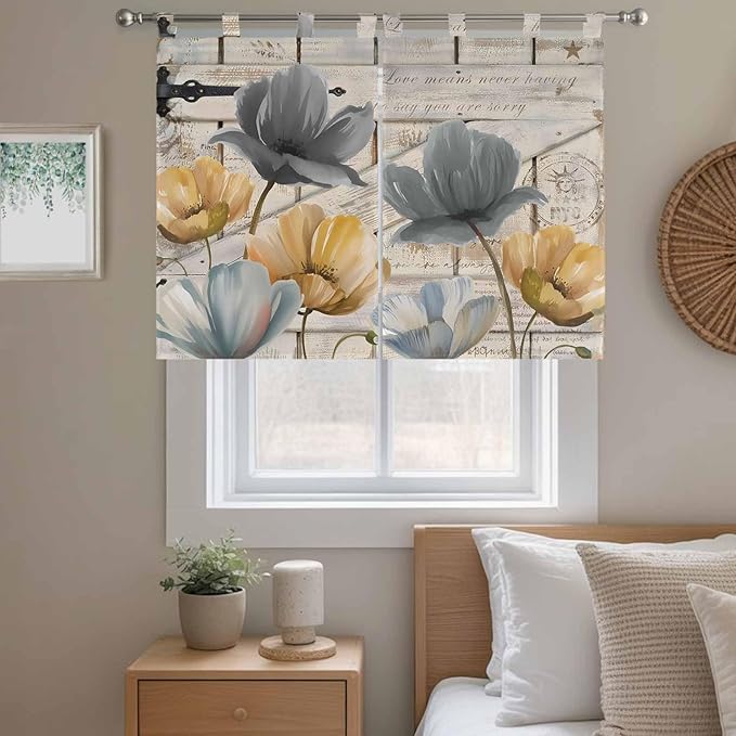 Spring Tulips Flower Kitchen Curtains 45 Inch Length, Short Cafe Window Curtains Tab Top, Vintage Floral Barn Doors Rustic Beige Light Filtering Window Treatments Tier Drapes 27.5"x45" 2 Panel