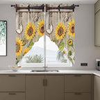 Farmhouse Sunflowers Swag Valances for Windows, Rustic Barn Doors Flowers Butterfly Wooden Rod Pocket Kitchen Curtains Valance, Small Window Curtains Swag for Cafe Living Room, 2 Panels, 36x36 inch
