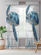 Sheer Curtains 96 Inches Long, Teal Green Ocean Turtle Semi Sheer Curtains Light Filtering Window Treatment, Coastal Seaweed Wood Grain Privacy Voile Drapes for Living Room Bedroom 52x96 Inch