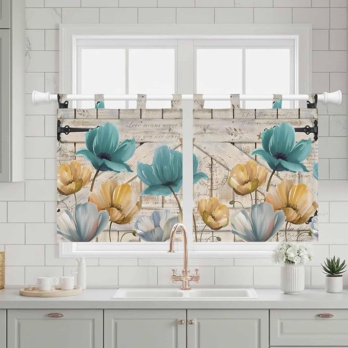 Watercolor Flowers Kitchen Curtains 36 Inch Length, Small Window Curtains Tab Top, Vintage Tulips Floral Barn Doors Wood Grain Light Filtering Short Window Treatments Tier Drapes 27.5"x36" 2 Panel