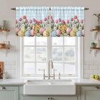 Easter Kitchen Tier Curtains 24 Inch Long 2 Panel Set,Rod Pocket Cafe Small Window Curtains Over Sink,Spring Bunny Colorful Eggs Tulip Flowers Blue Check Light Filtering Short Drapes 27.5"W x 24"L