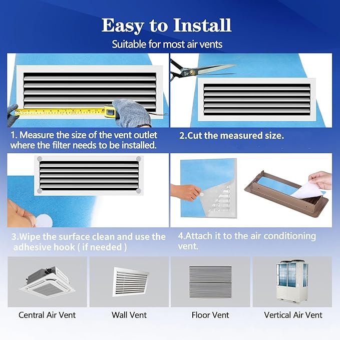 Air Vent Filter, 18"X120" Cut to Size Air Filter Material, MERV 8 Electrostatic Air Filter Roll, Blue & White Vent Filters for Home Floor, Rv Ac Vent, Ceiling, Refrigeration, HVAC Furnace Vent, Etc