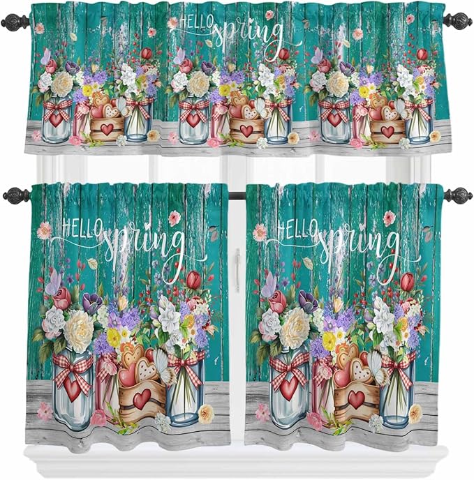 Spring Flowers Kitchen Curtain Set, Farmhouse Watercolor Teal Wood Grain Window Valance and Tiers 36" Length, Light Filtering Short Curtains Valance for Cafe Bathroom Bedroom 54"x18"